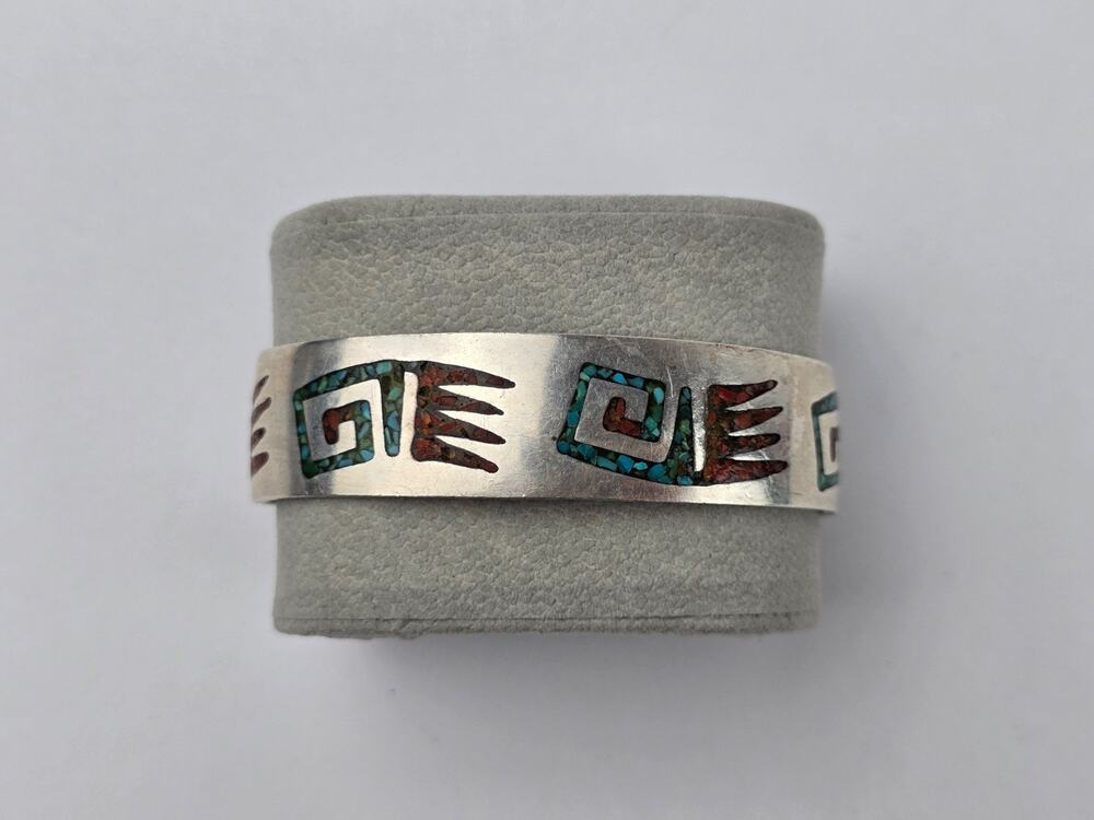 Navajo Sterling Silver Crushed Chip Turquoise & Coral Flush Cuff Bracelet 7.5"